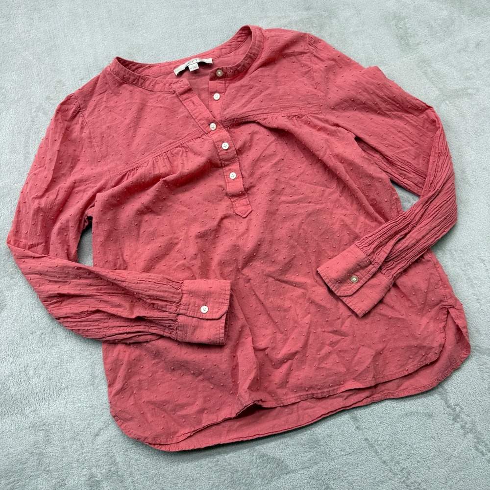 LOFT Shirt Women's Medium Henley Blouse Rose Pink Swiss Dot Long Sleeve Cotton